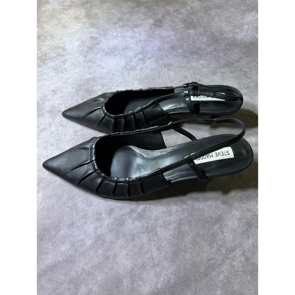 Steve Madden Earnest-R Black Leather Pleated Pointed Toe Slingback Kitten Heels
